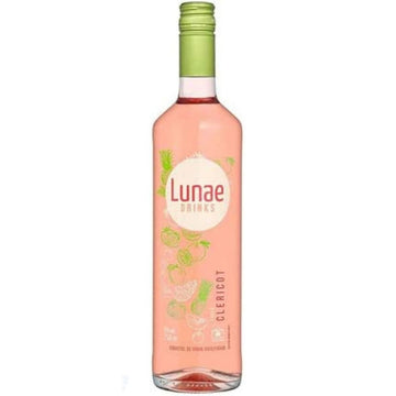 Garrafa de coquetel Lunae Clericot com bebida rosada e tampa verde.