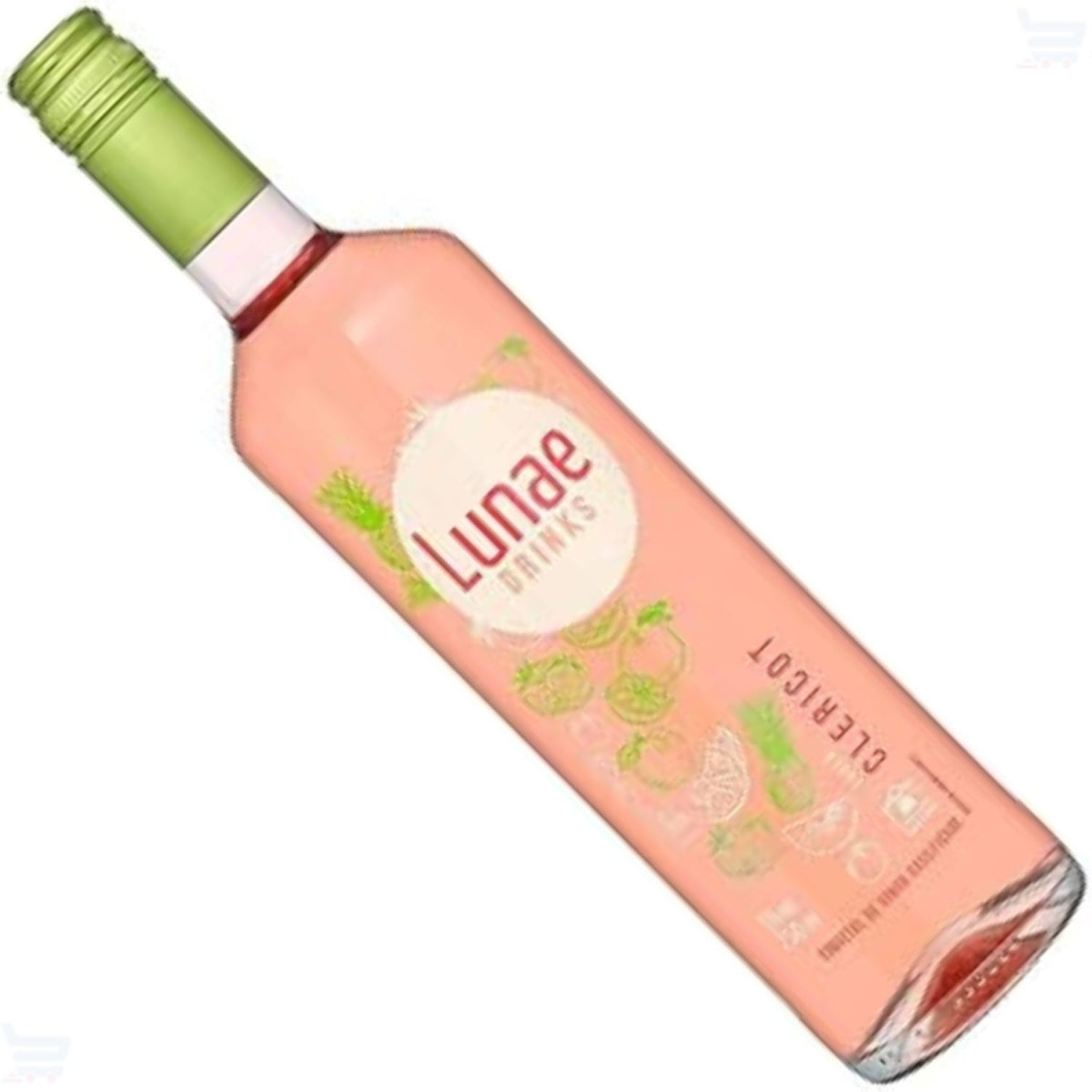 Garrafa Lunae Clericot inclinada, com bebida rosada e tampa verde.