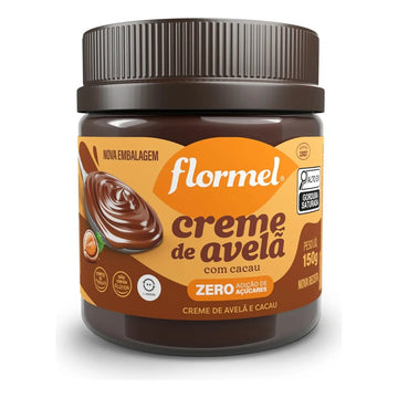 Pote Flormel de creme de avelã com cacau, 150 g, com indicação de zero adição de açúcares e sem glúten.