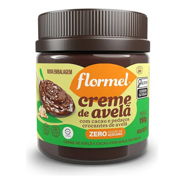 Pote de creme de avelã Flormel com cacau e pedaços crocantes, zero adição de açúcares, 150 g.