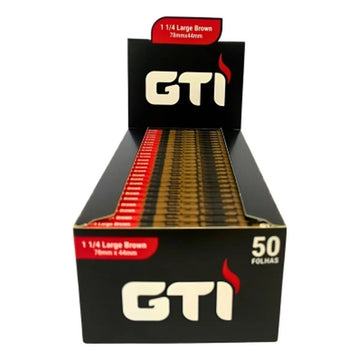 Display de sedas GTI 1 1/4 Large Brown, com indicação de 78 × 44 mm e 50 folhas.