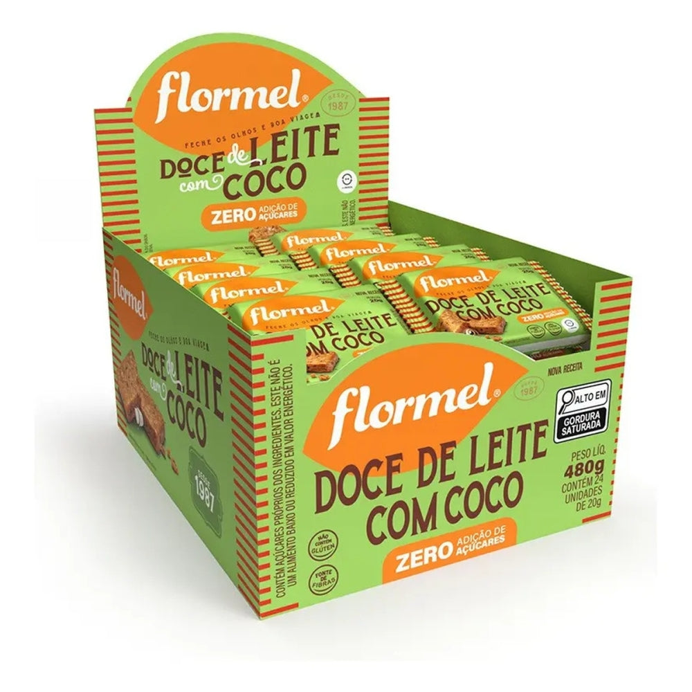 Display verde e amarelo Flormel de doce de leite com coco, zero adição de açúcares, com 24 unidades de 20 g.
