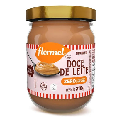 Pote de vidro de doce de leite Flormel Zero, com tampa dourada e rótulo indicando 210 g.