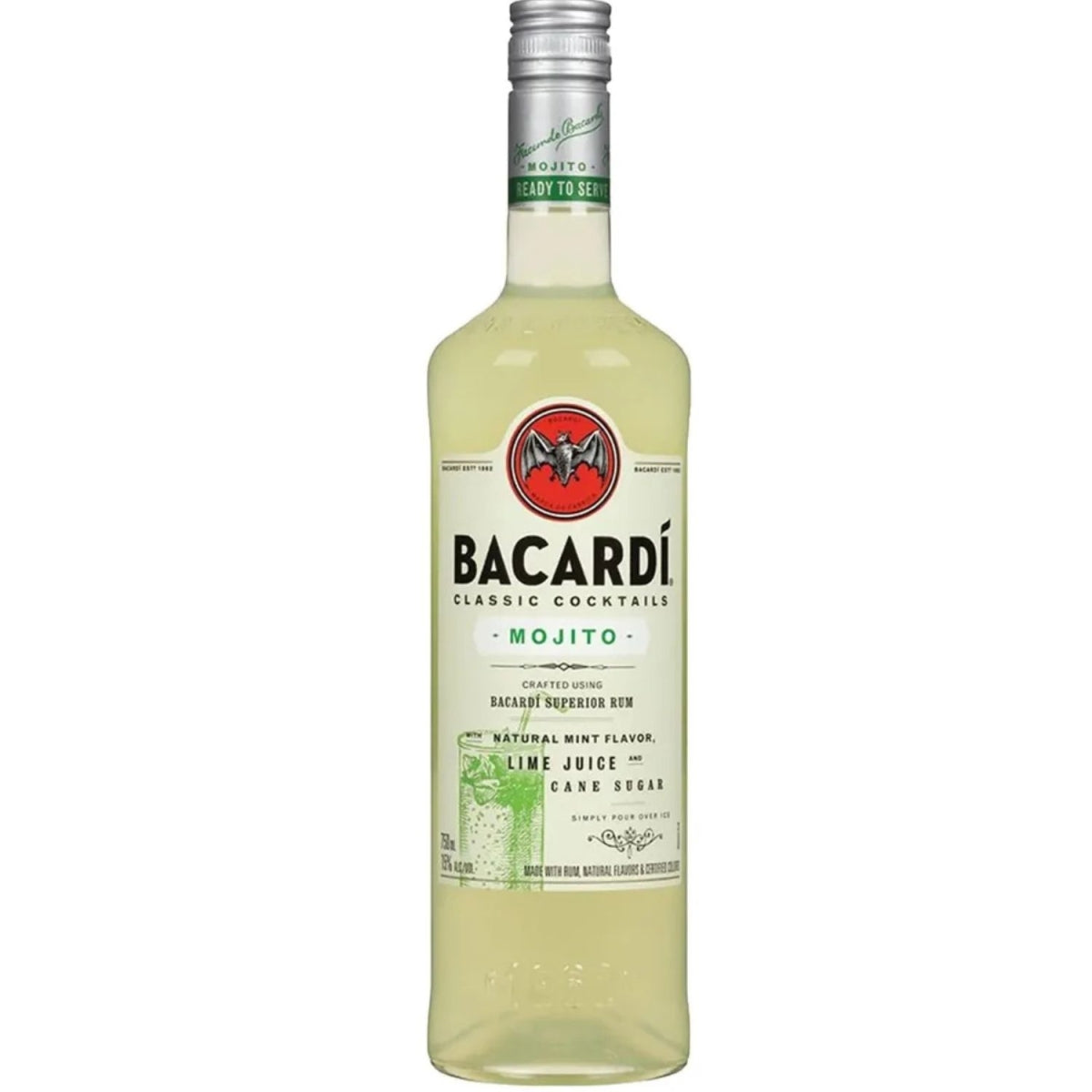 Garrafa de Bacardi Classic Cocktails Mojito, bebida amarelo-clara em embalagem de 700 ml.