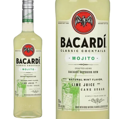Garrafa Bacardi Mojito ao lado de um close do rótulo, que destaca hortelã, suco de limão e açúcar de cana.