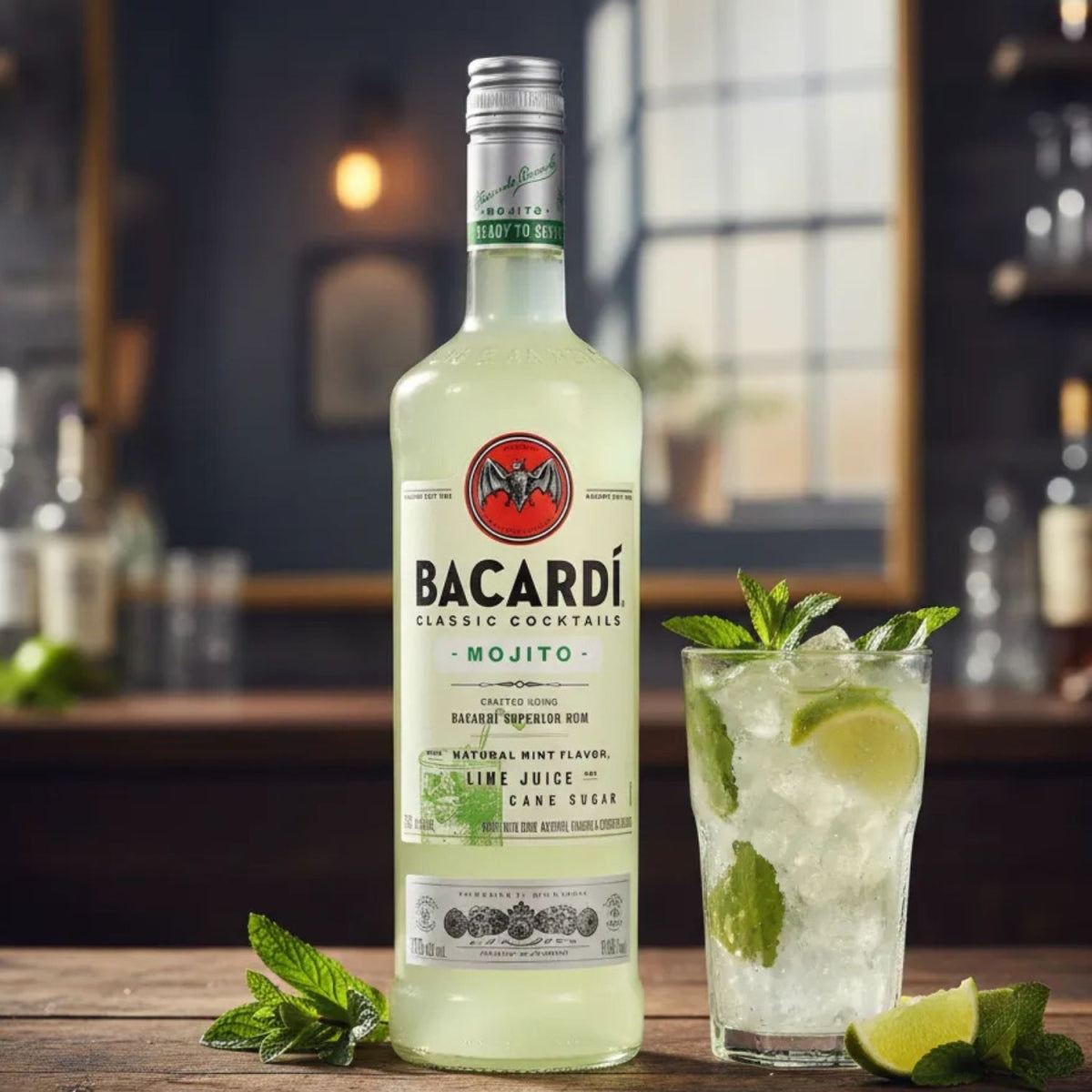 Garrafa Bacardi Mojito acompanhada de um copo com gelo, limão e folhas de hortelã.