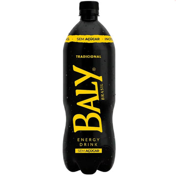 Garrafa preta de energético Baly Tradicional sem açúcar, com rótulo amarelo.