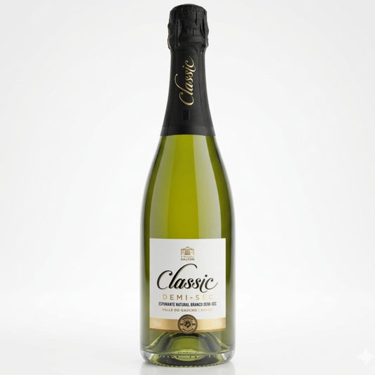 Garrafa de espumante Salton Classic Demi-Sec branco, 750 ml, vista de frente.