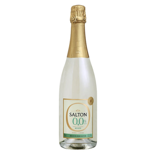 Garrafa Salton Moscato 0,0% com rótulo branco e dourado.