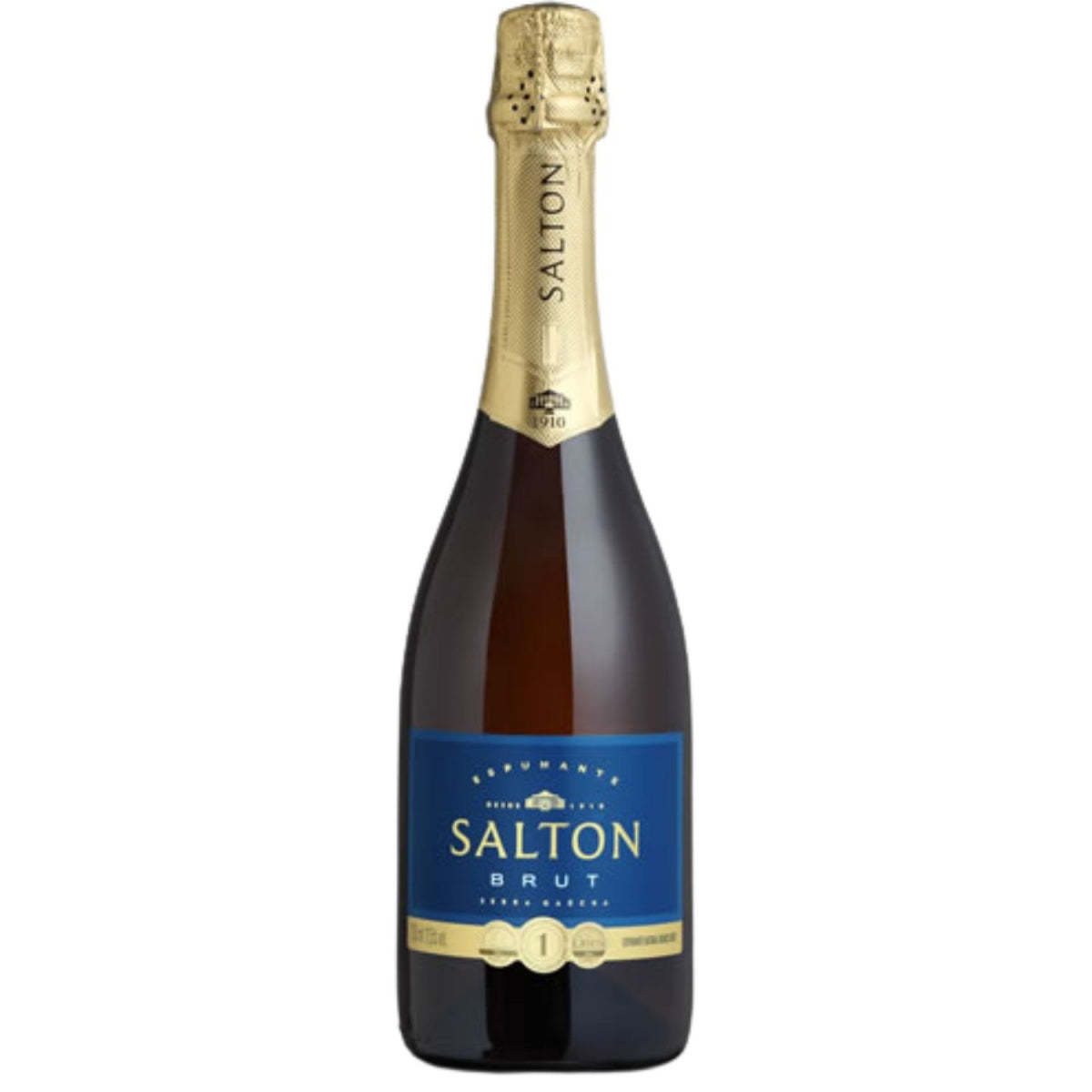 Garrafa de espumante Salton Brut com rótulo azul e detalhes dourados