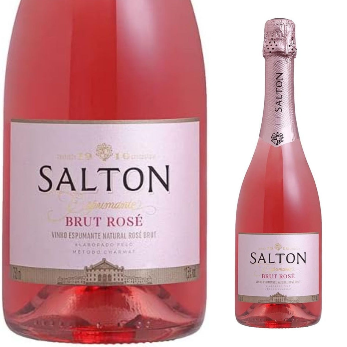 Detalhe do rótulo Salton Brut Rosé ao lado da garrafa do espumante.