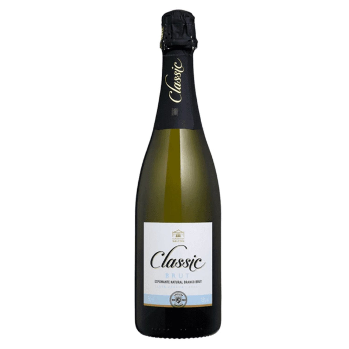 Garrafa de espumante Salton Classic Brut com rótulo branco e azul e cápsula preta