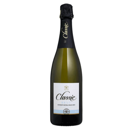 Garrafa de espumante Salton Classic Brut com rótulo branco e azul e cápsula preta