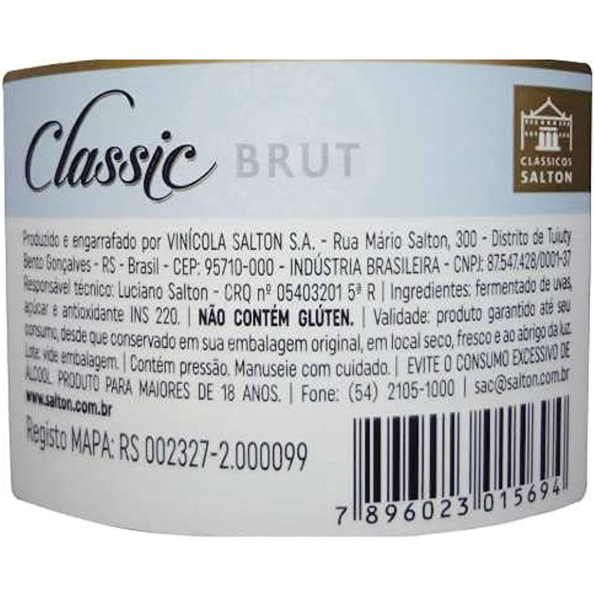 Detalhe do rótulo traseiro do espumante Salton Classic Brut, com informações do produto e código de barras