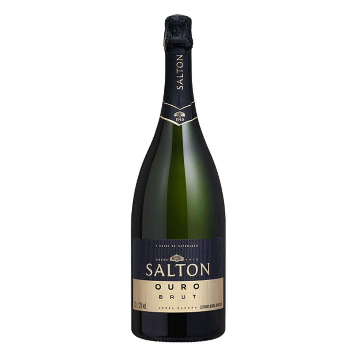 Garrafa verde de Espumante Salton Ouro Brut com rótulo preto e dourado, vista de frente.
