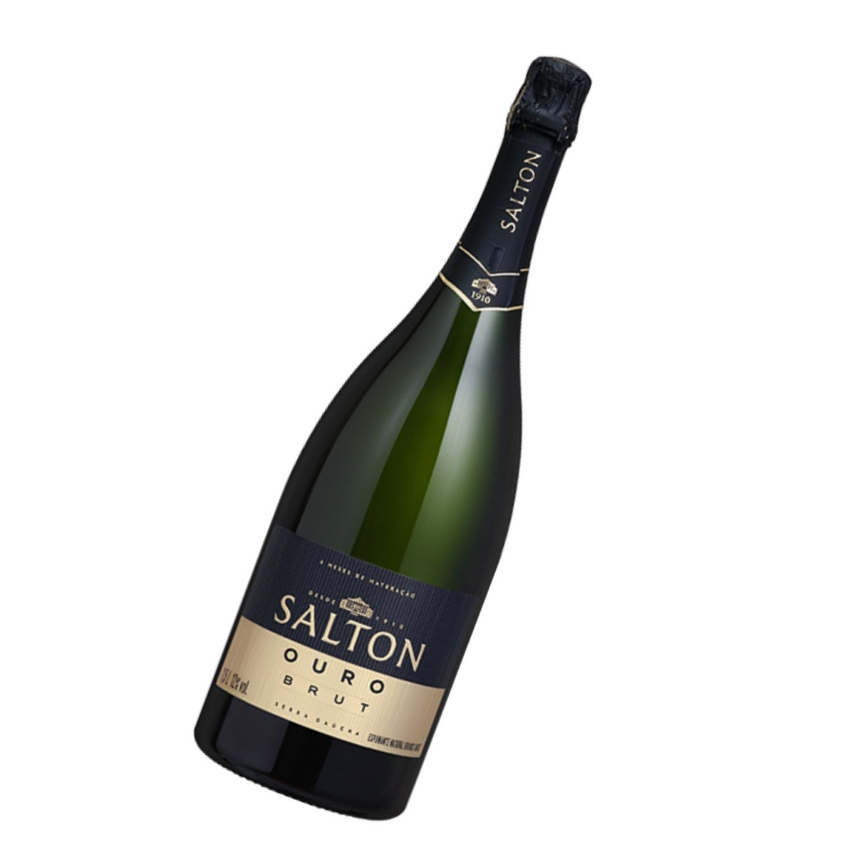 Garrafa de Espumante Salton Ouro Brut inclinada, mostrando o rótulo preto e dourado.