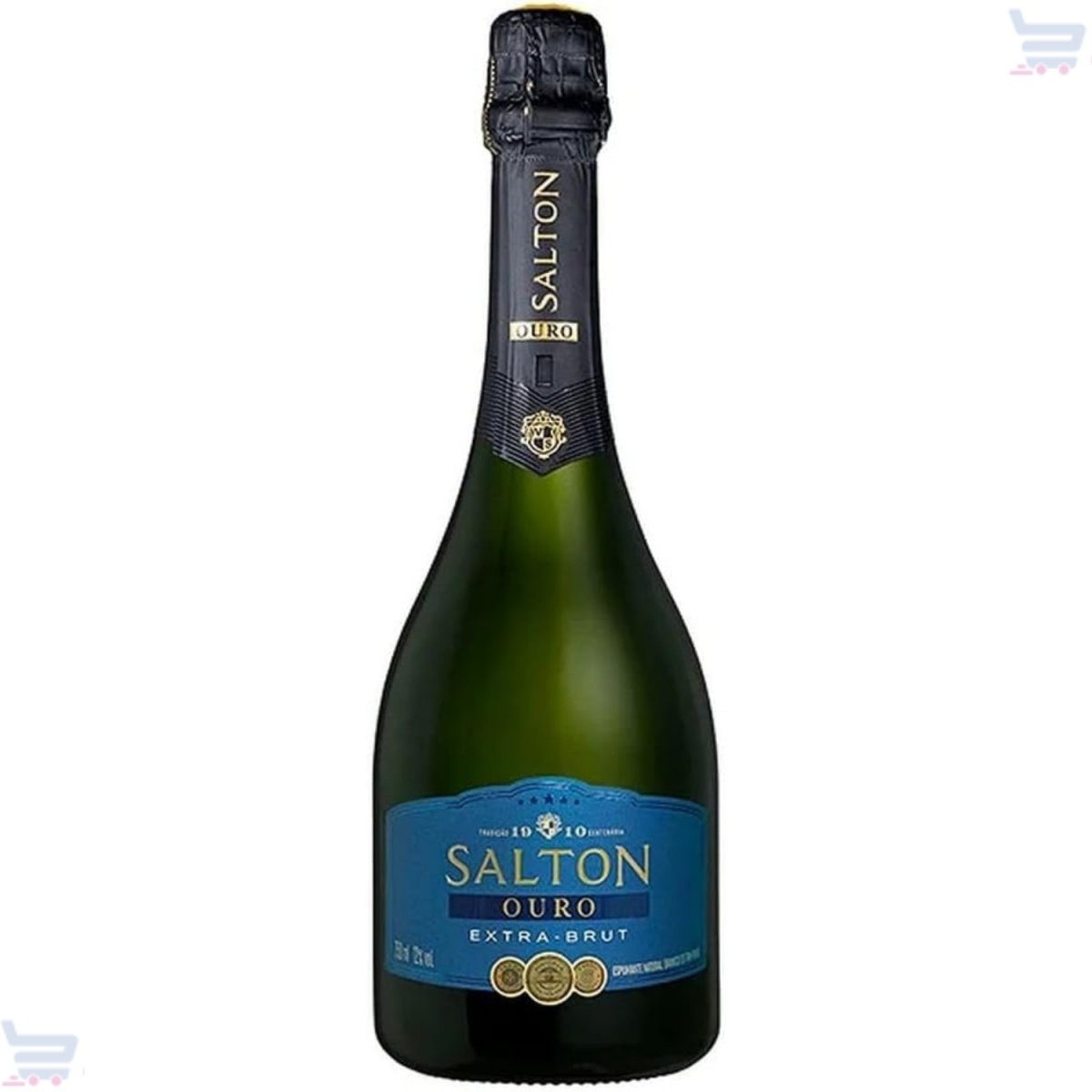 Garrafa verde de espumante Salton Ouro Extra-Brut com rótulo azul, vista de frente.
