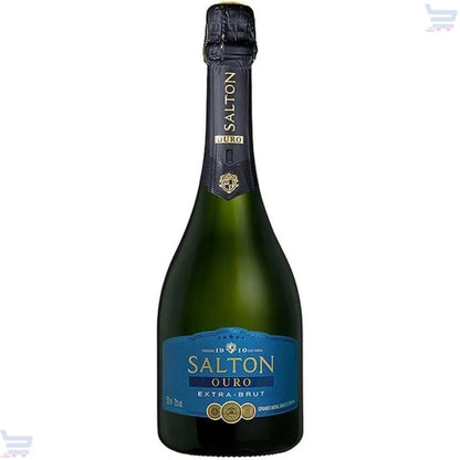 Garrafa verde de espumante Salton Ouro Extra-Brut com rótulo azul, vista de frente.