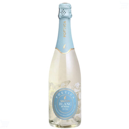 Garrafa de espumante Salton Poética Blanc com rótulo azul e detalhes dourados.