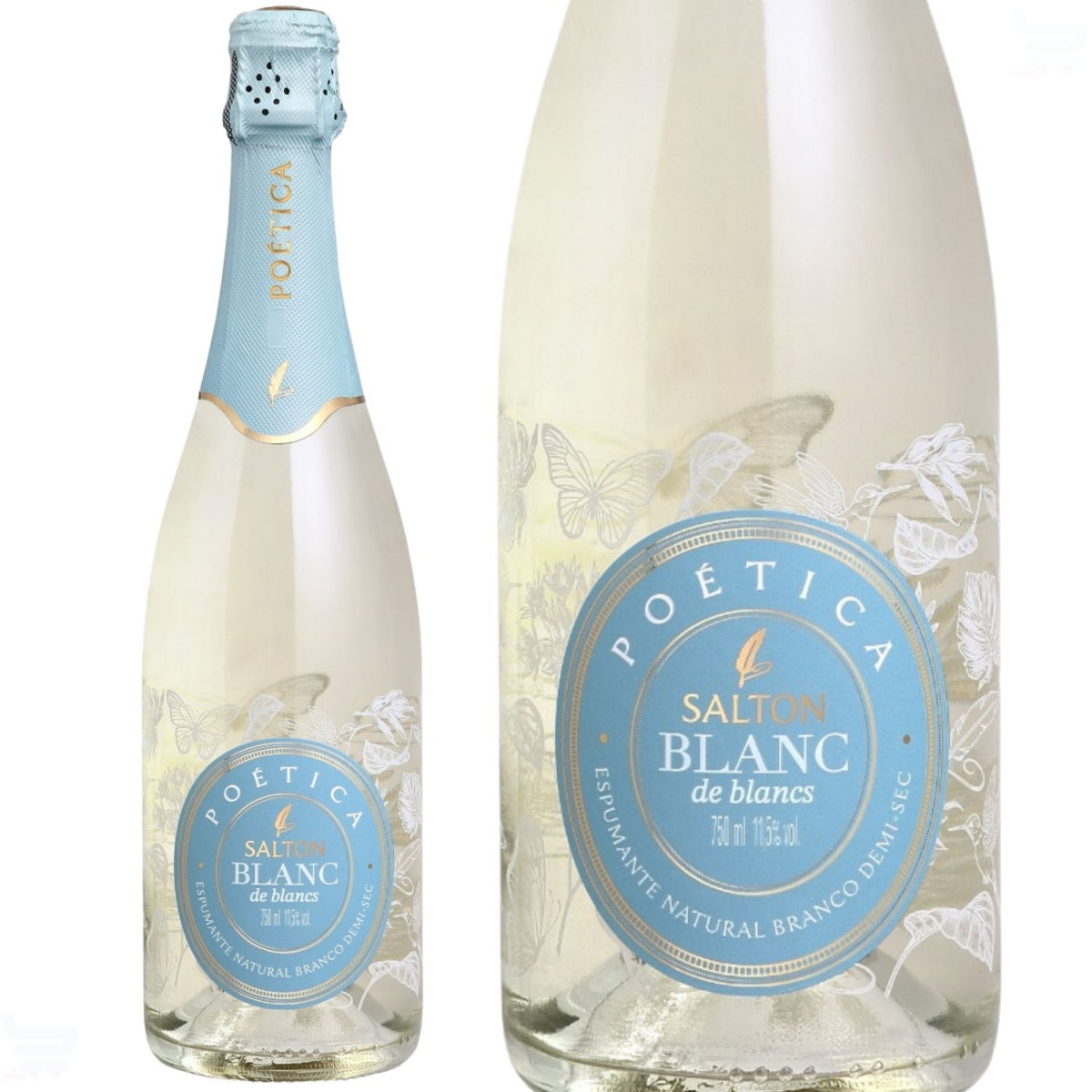Garrafa Salton Poética Blanc e detalhe do rótulo com indicação de 750 ml e 11,5% vol.