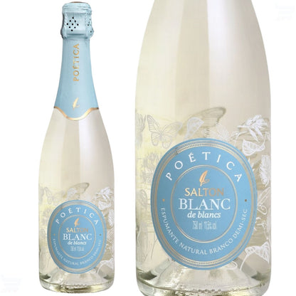 Garrafa Salton Poética Blanc e detalhe do rótulo com indicação de 750 ml e 11,5% vol.