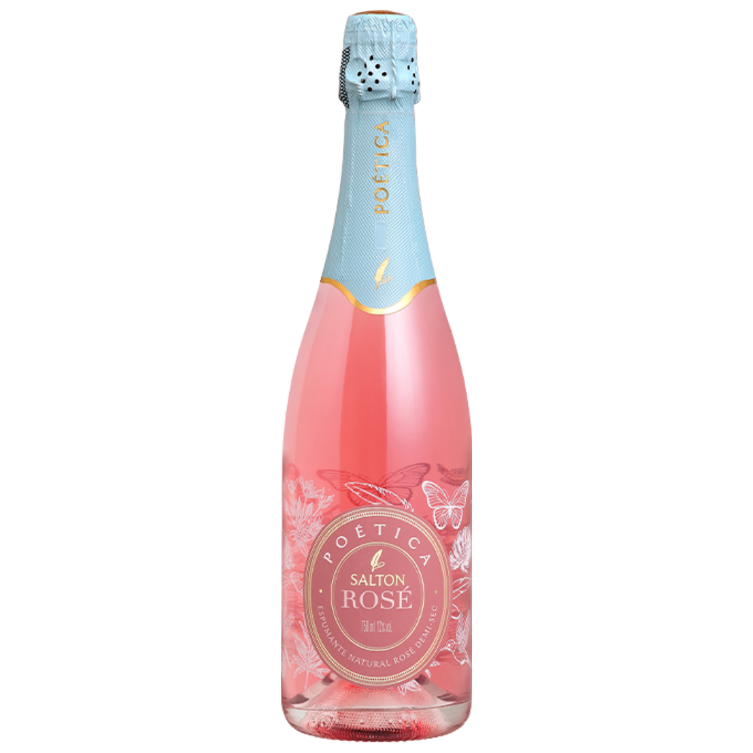 Garrafa de espumante rosé Salton Poética com rótulo rosa e gargalo azul-claro, vista de frente.