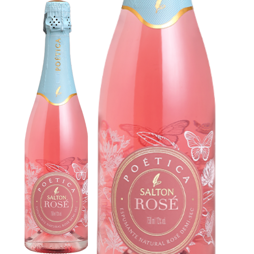 Garrafa Salton Poética Rosé ao lado de um detalhe ampliado do rótulo, que indica espumante natural rosé demi-sec.