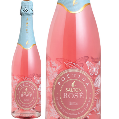 Garrafa Salton Poética Rosé ao lado de um detalhe ampliado do rótulo, que indica espumante natural rosé demi-sec.