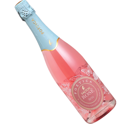 Garrafa de espumante Salton Poética Rosé inclinada, com rótulo rosa e gargalo azul-claro.