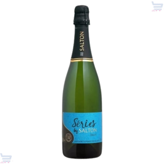 Garrafa verde do espumante Brut Series by Salton, vista de frente, com rótulo azul.
