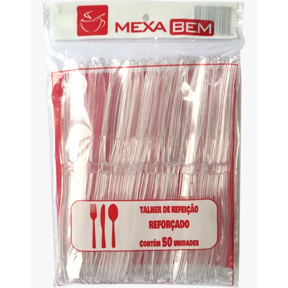 Pacote Mexa Bem de facas descartáveis transparentes reforçadas, com 50 unidades.