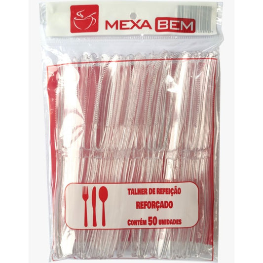 Pacote Mexa Bem de facas descartáveis transparentes reforçadas, com 50 unidades.