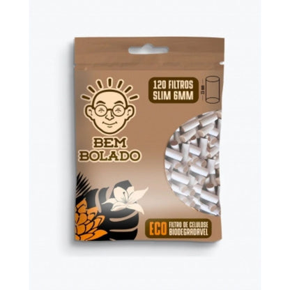 Pacote Bem Bolado com indicação de 120 filtros slim de 6 mm e celulose biodegradável.