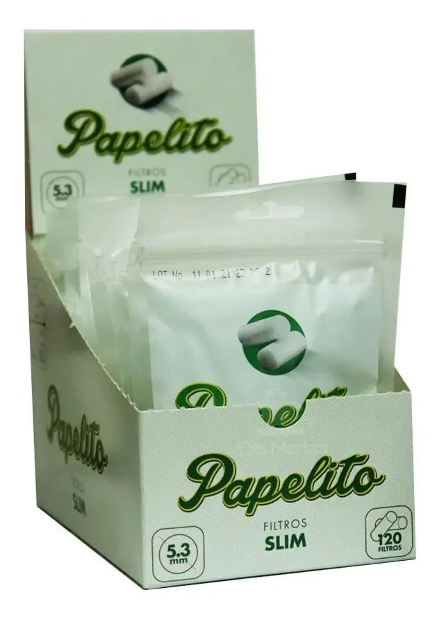 Caixa display Papelito Slim com pacotes de filtros; a embalagem mostra 5,3 mm e 120 filtros por pacote.