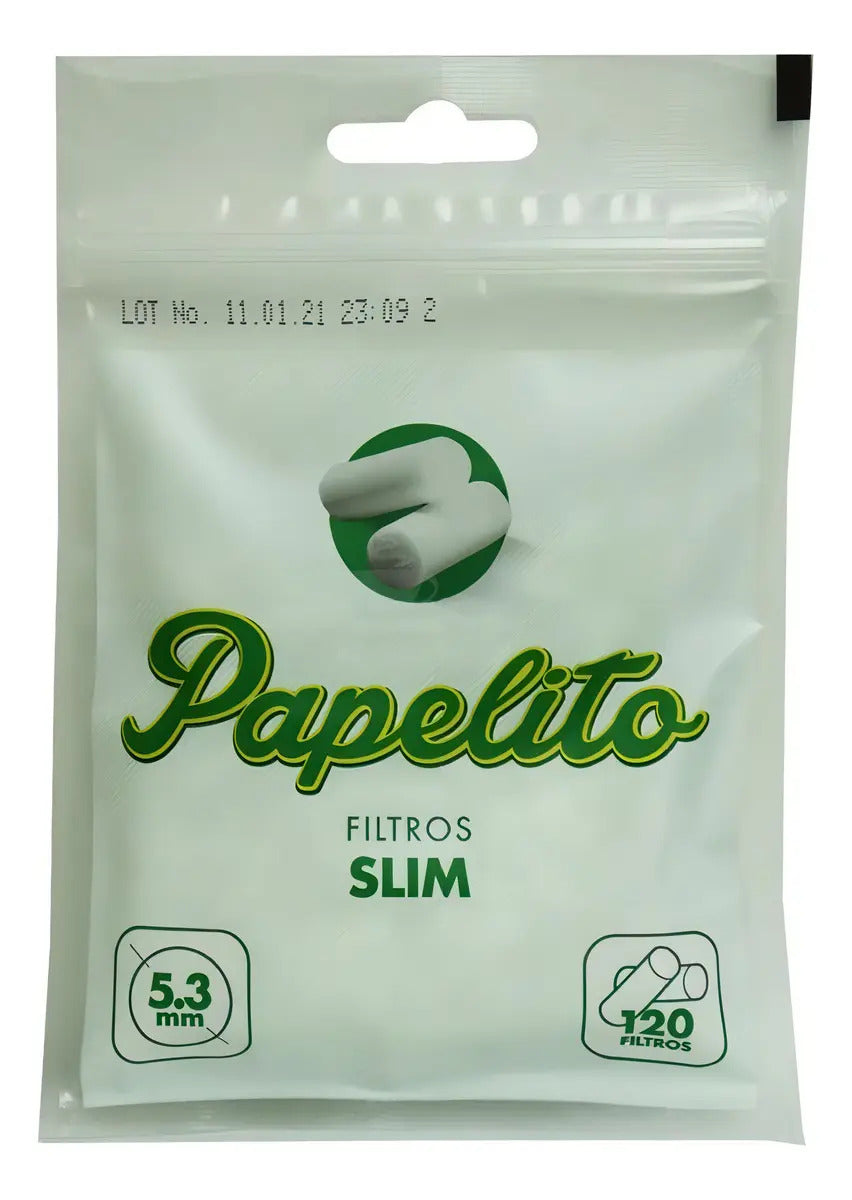 Pacote Papelito Filtros Slim branco e verde, identificado com 5,3 mm e 120 filtros.