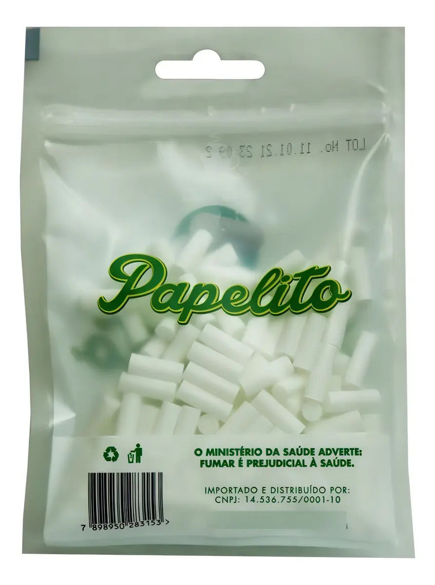 Verso do pacote Papelito Slim com filtros brancos visíveis, código de barras e aviso de saúde.
