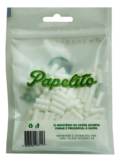 Verso do pacote Papelito Slim com filtros brancos visíveis, código de barras e aviso de saúde.