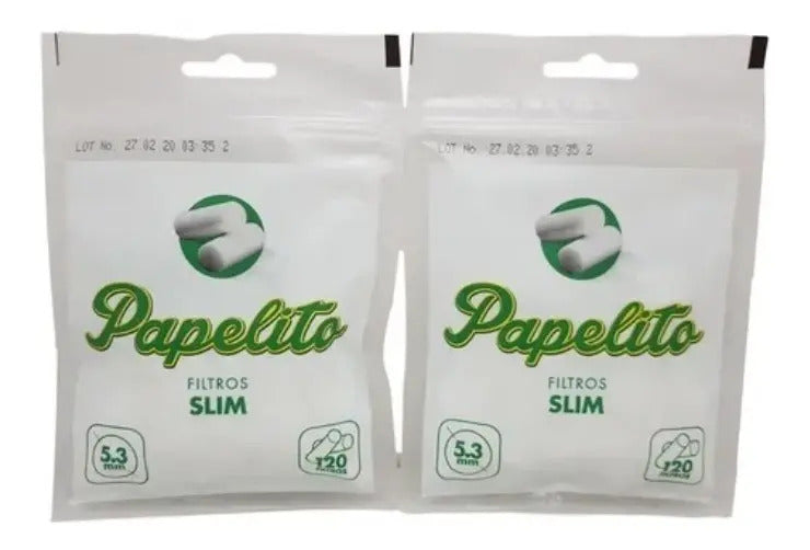 Dois pacotes brancos de filtros Papelito Slim lado a lado.