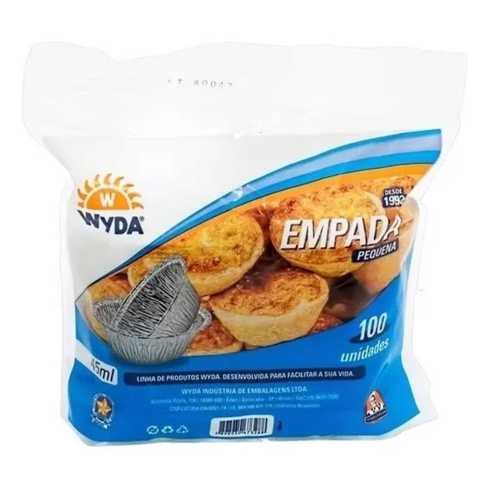 Pacote Wyda de formas de aluminio para empada pequena, com indicacao de 45 ml e 100 unidades.