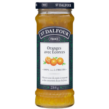 Pote de geleia de laranja St. Dalfour com casca, mostrando o rótulo frontal e o conteúdo amarelo-alaranjado.