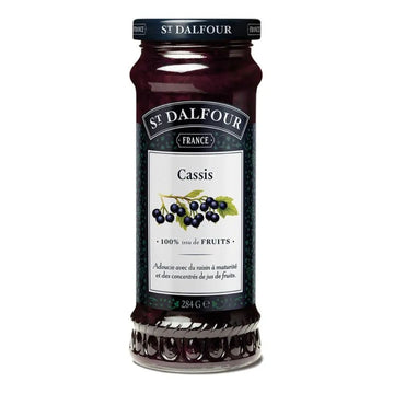 Pote de geleia St. Dalfour Cassis de 284 g, com rótulo escuro e imagem de cassis.
