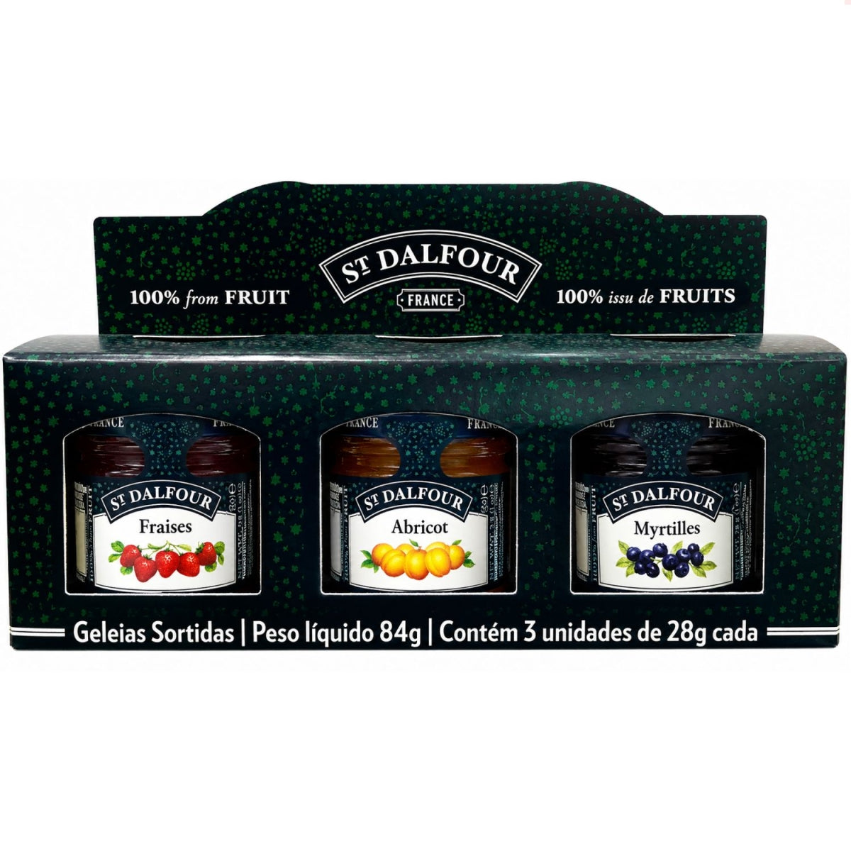Caixa St. Dalfour Mini Trio com três geleias de morango, damasco e mirtilo, 84 g