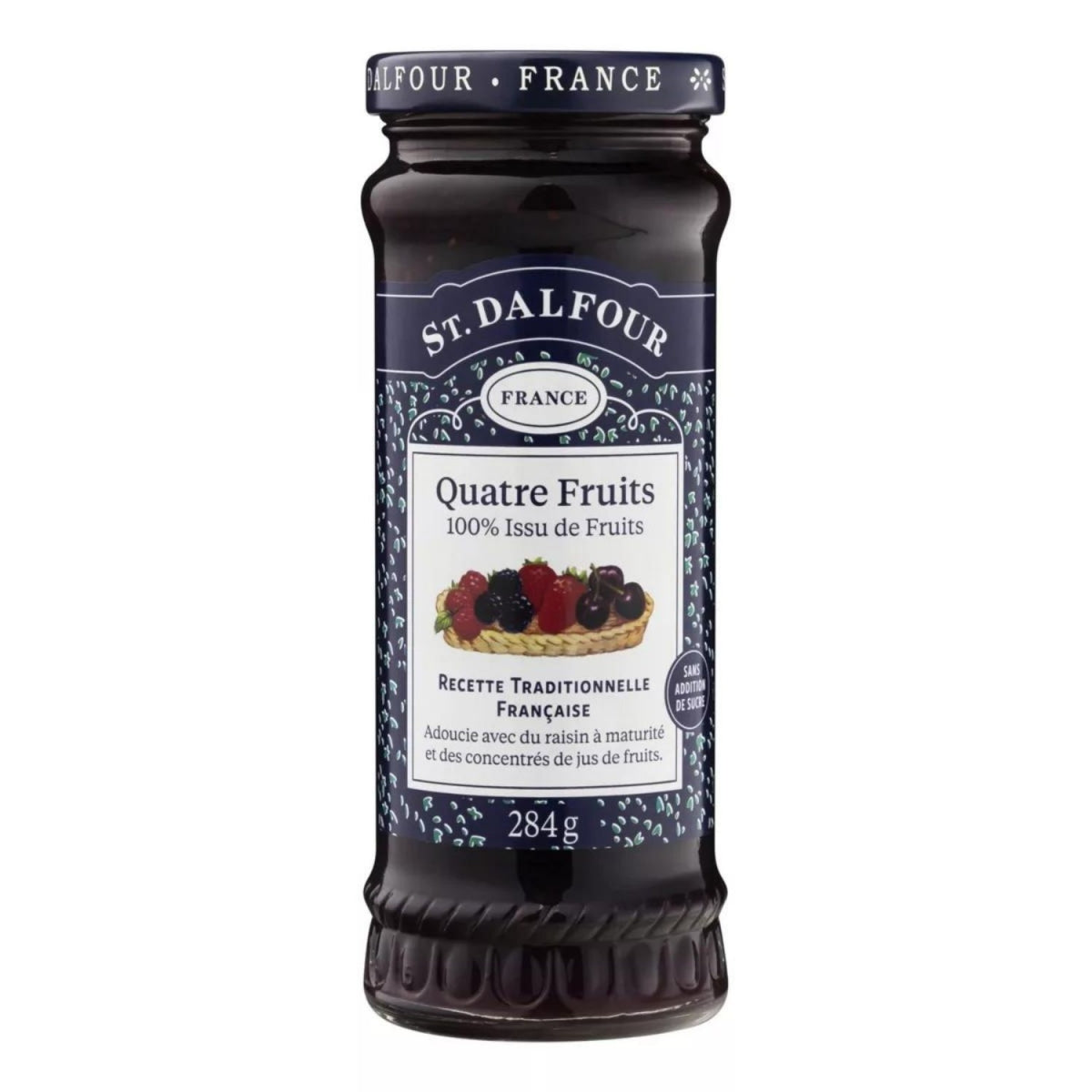 Pote de geleia St. Dalfour Quatro Frutas de 284 g, com rótulo azul-escuro e ilustração de frutas.