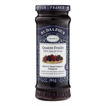 Pote de geleia St. Dalfour Quatro Frutas de 284 g, com rótulo azul-escuro e ilustração de frutas.