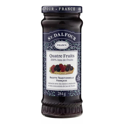 Pote de geleia St. Dalfour Quatro Frutas de 284 g, com rótulo azul-escuro e ilustração de frutas.