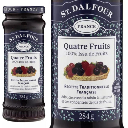 Pote St. Dalfour Quatro Frutas ao lado de um close do rótulo frontal, que indica 284 g e sem adição de açúcar.