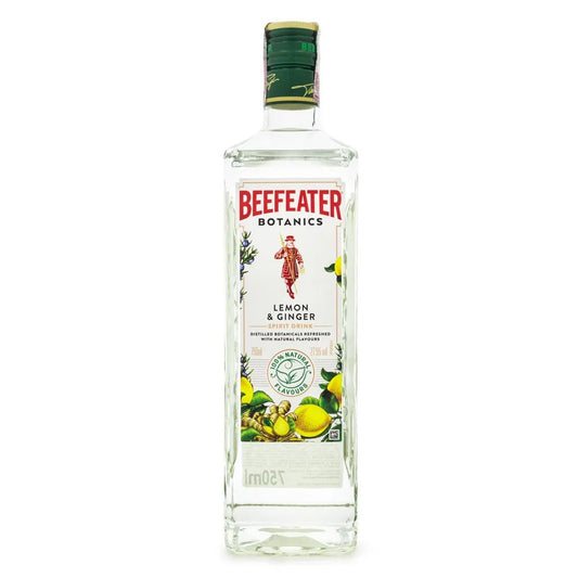 Garrafa transparente de Beefeater Botanics Lemon & Ginger com rótulo ilustrado de limão e gengibre.