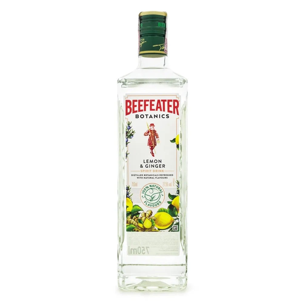 Garrafa transparente de Beefeater Botanics Lemon & Ginger com rótulo ilustrado de limão e gengibre.