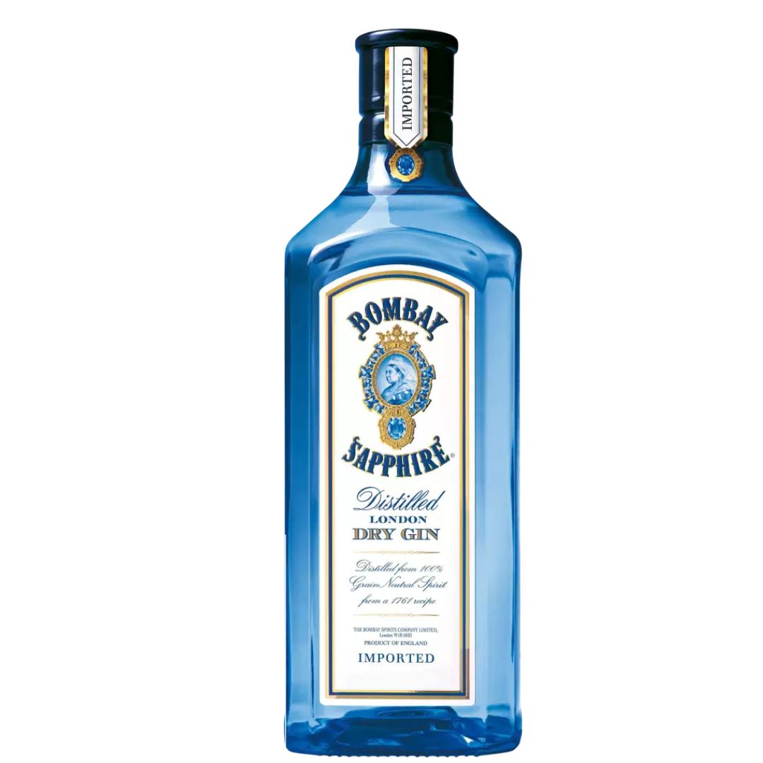 Garrafa azul de Bombay Sapphire London Dry Gin vista de frente.