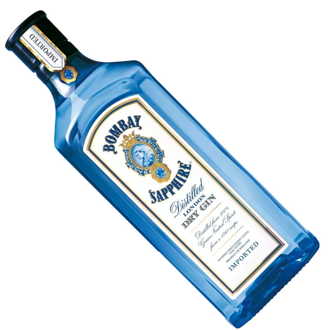 Garrafa azul de Bombay Sapphire London Dry Gin inclinada, com o rótulo visível.